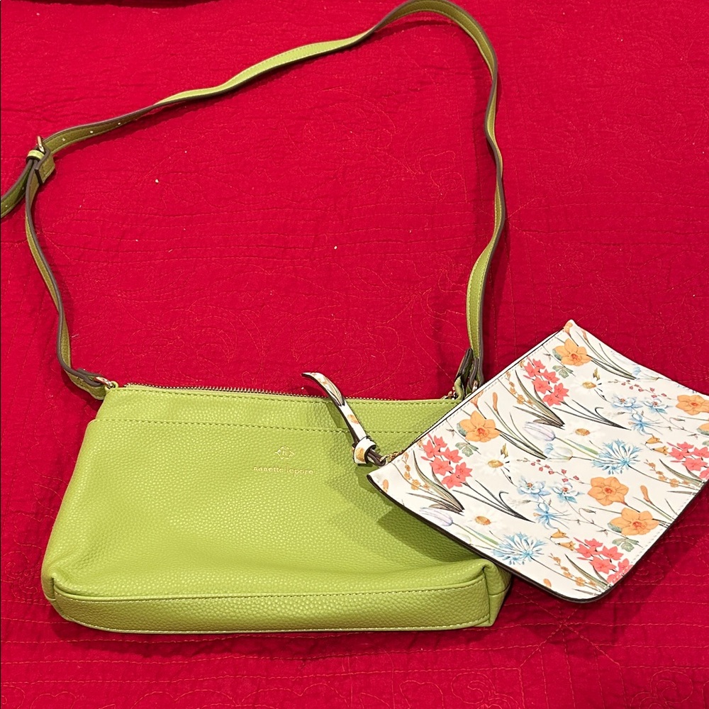 Green Crossbody Bag with Floral Pouch